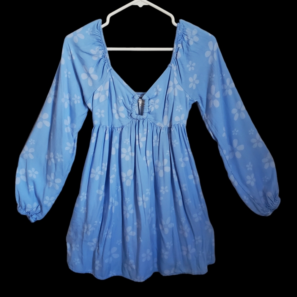 American Eagle Floral Blue Babydoll Dress With Flowy Sleeves Womens Size Small